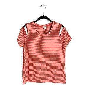 J. Crew Red and White Striped Cold Shoulder Short Sleeve Top Size Large